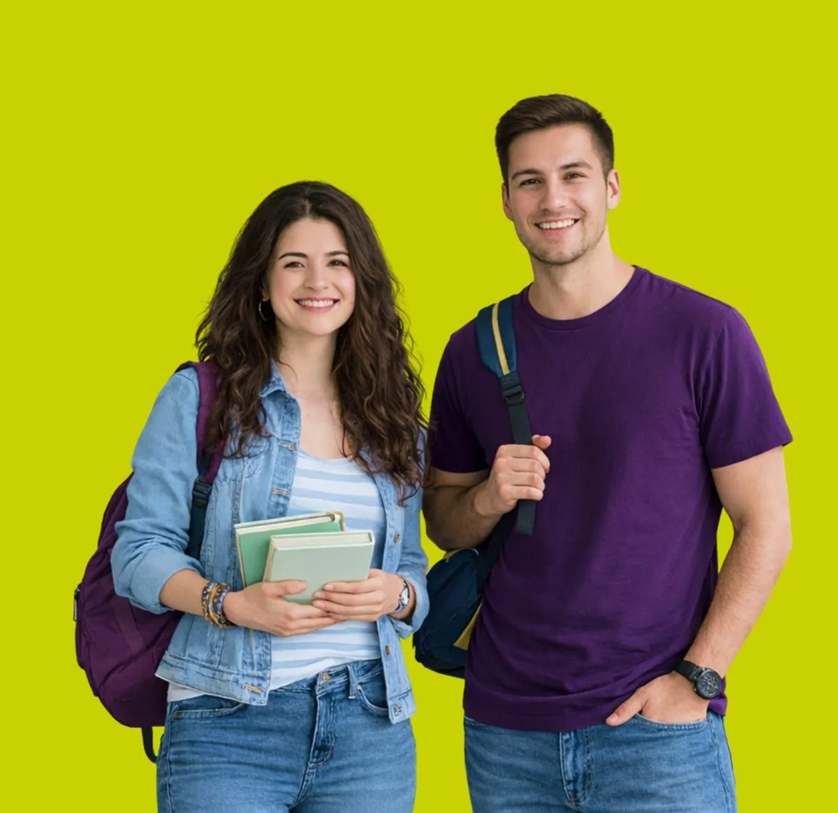 Dos jóvenes adultos sonrientes con libros