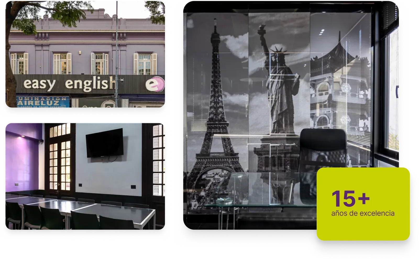 La sede de Easy English en Olivos: fachada violeta con el cartel, un aula con pared violeta y una oficina con un mural de la Torre Eiffel y la Estatua de la Libertad