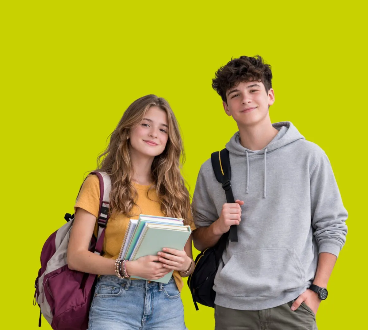 Dos adolescentes con mochilas y libros